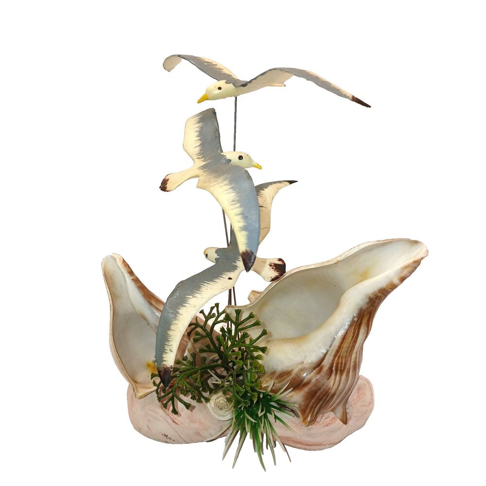 Vtg Mid-Century 3 Seagull Sculpture Shell Base Kinetic Coastal Beach House 6 in